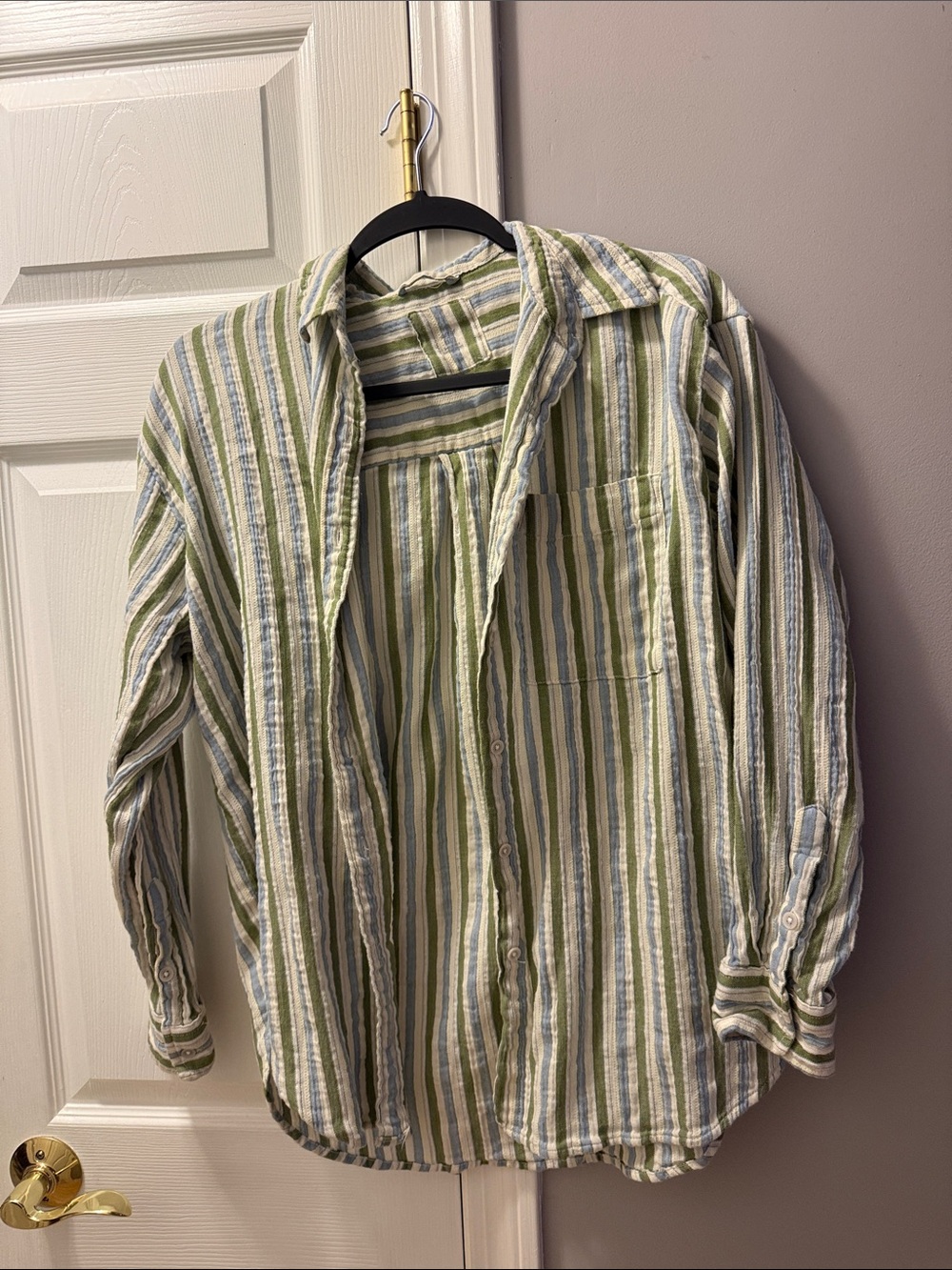 aerie Green and White Striped Button-Up Shirt